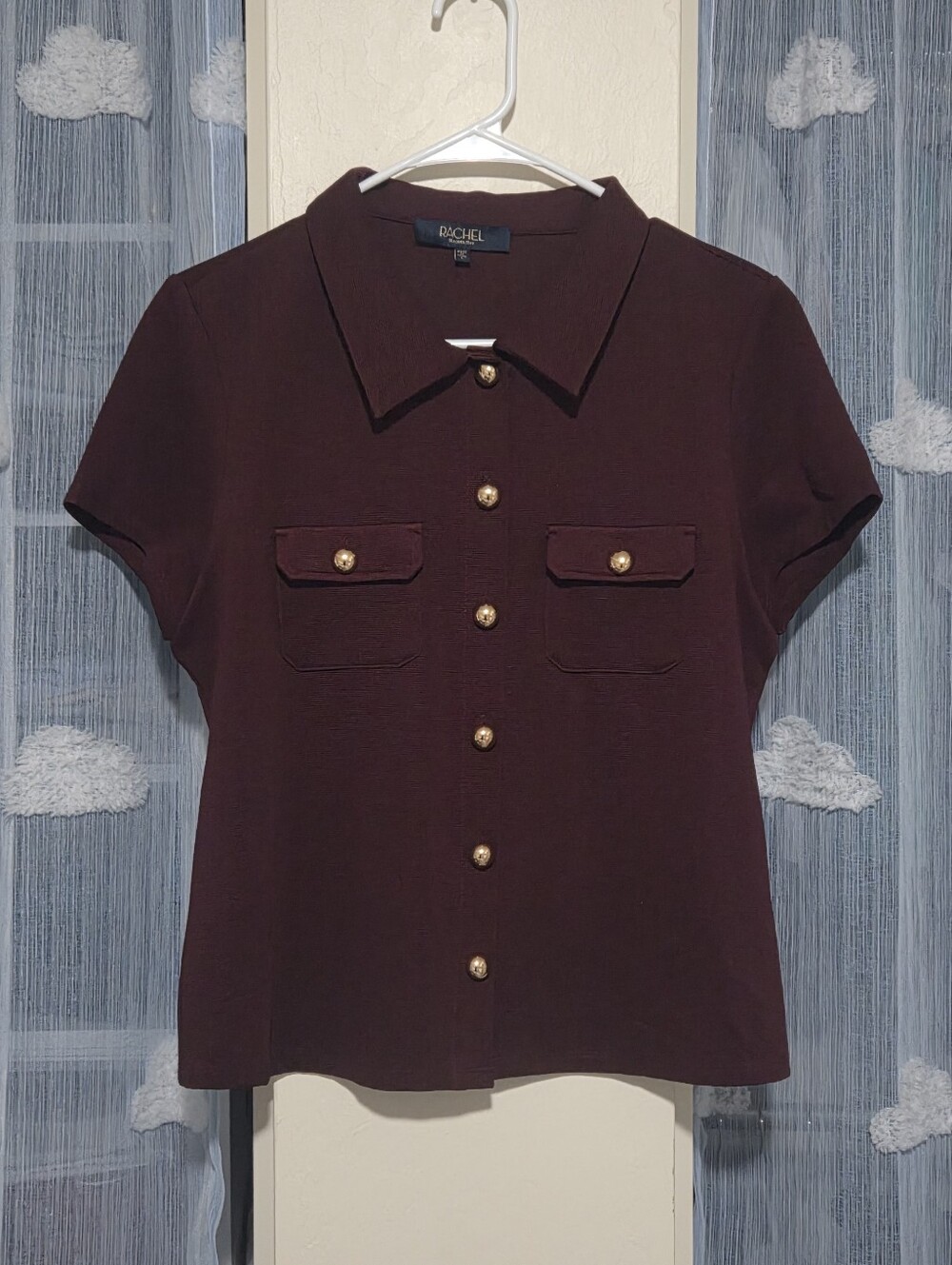 RACHEL Rachel Roy Burgundy Short-Sleeve Button Down Shirt with Gold Buttons